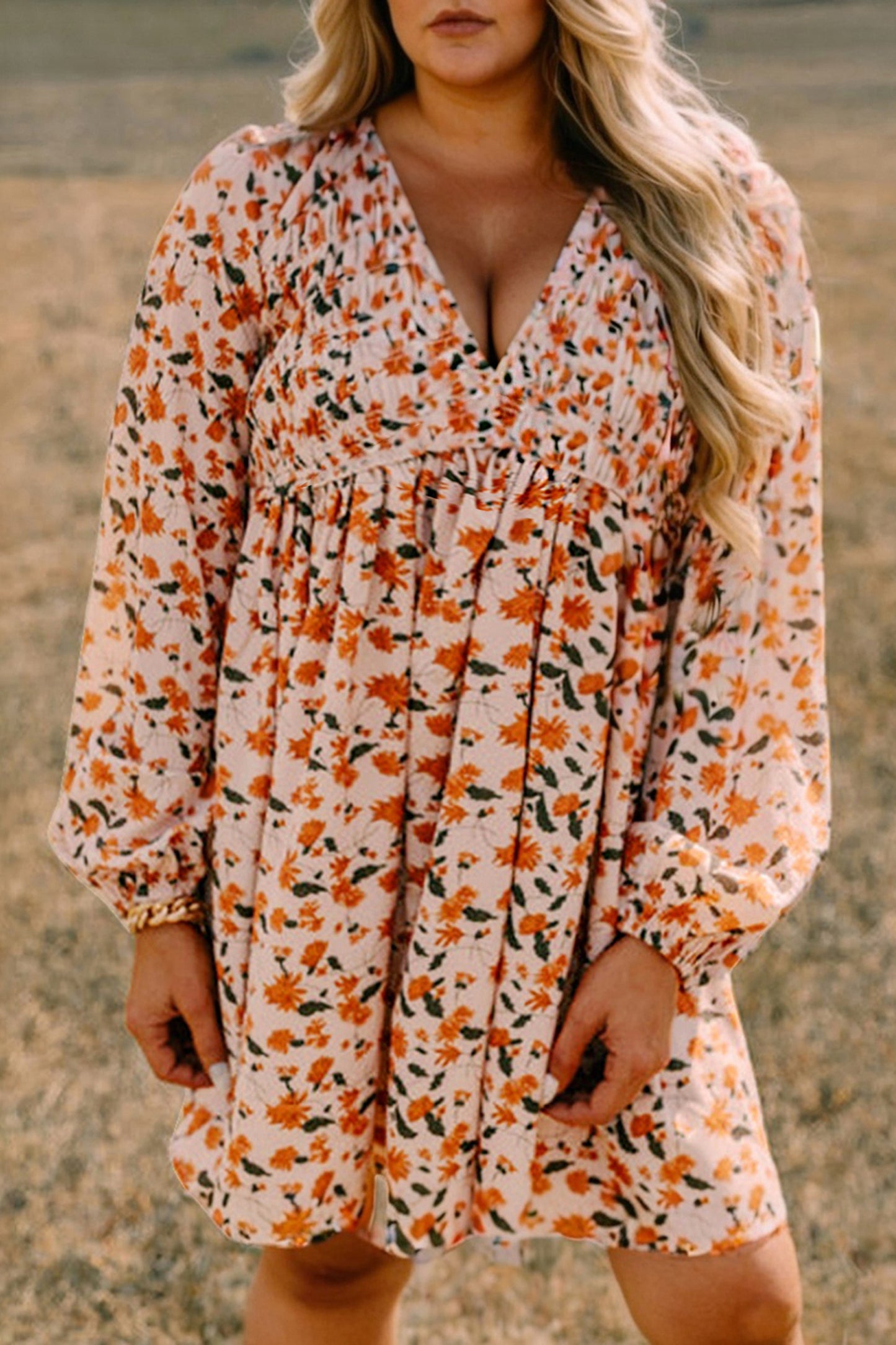 Plus Size Floral Print V Neck Long Sleeve Babydoll Dress - Plus Size XL-4XL - View 8 Plus Size Floral Print V Neck Long Sleeve Babydoll Dress - Plus Size XL-4XL - View 8