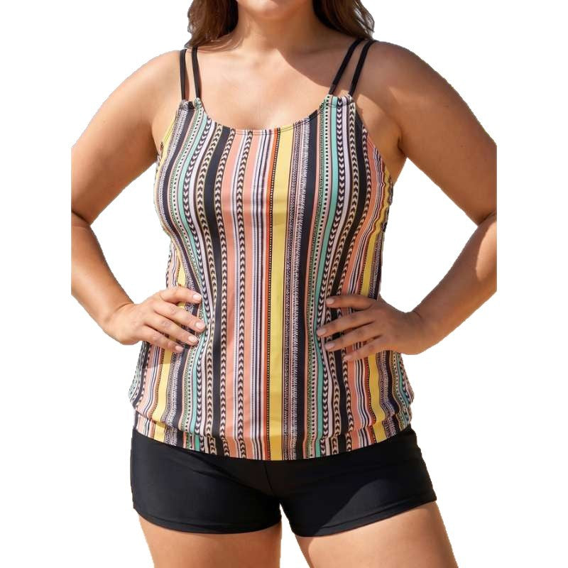 Striped Tankini Split Flat Angle Pants Two Piece Swimsuit Striped Tankini Split Flat Angle Pants Two Piece Swimsuit