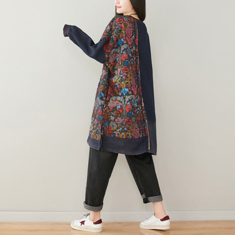 Plus Size Printed Knit Denim Mid-Length Sweater Dress Plus Size Printed Knit Denim Mid-Length Sweater Dress