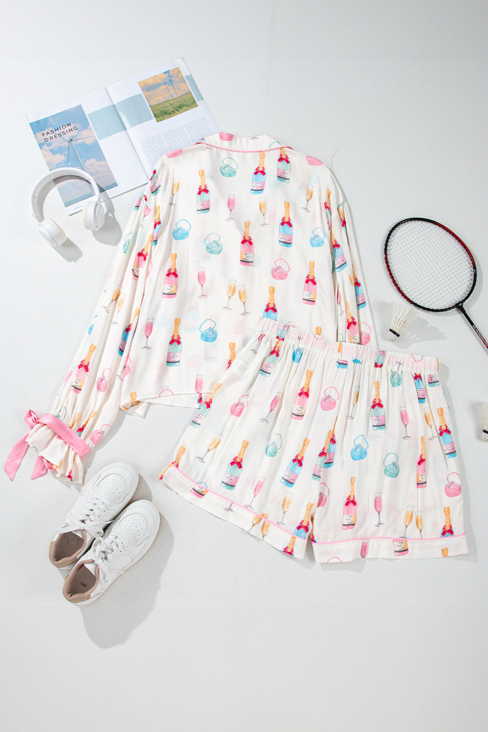 Plus Size Wine Glass Print Bow Knot Pajama Set Plus Size Wine Glass Print Bow Knot Pajama Set