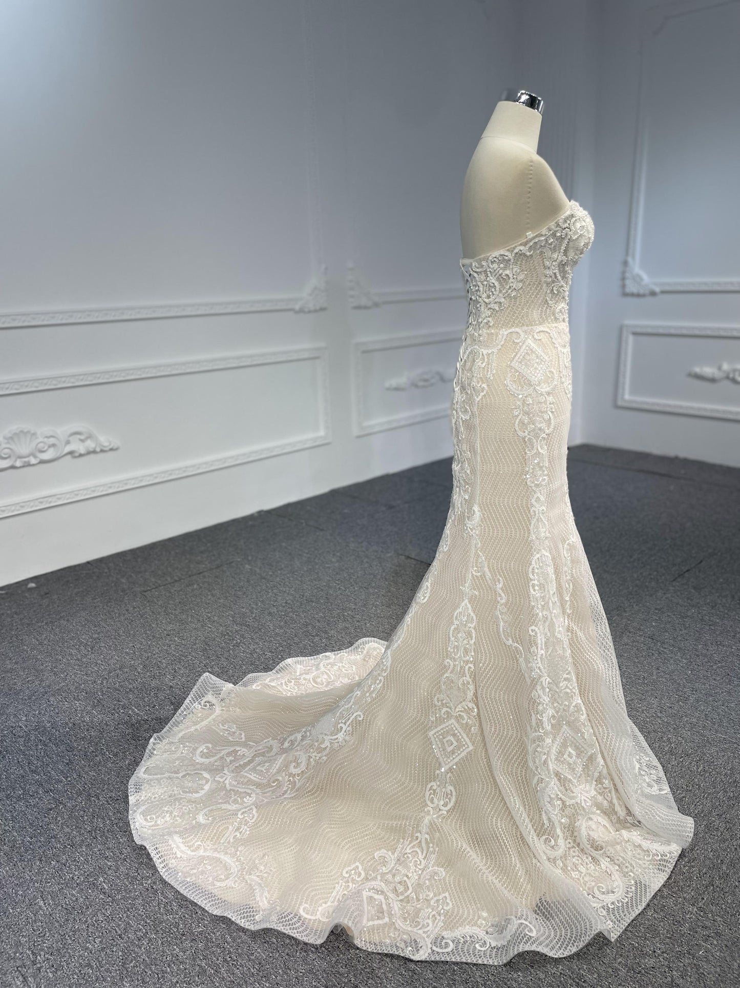 LB03- Sweetheart neckline nude color beading lace mermaid dress with detachable train - Plus Size Clothing LB03- Sweetheart neckline nude color beading lace mermaid dress with detachable train - Plus Size Clothing