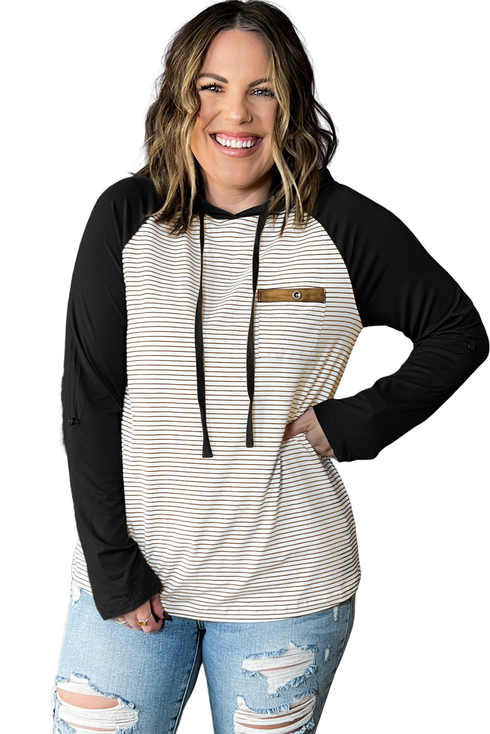 Plus Size Striped Raglan Hoodie with Pocket Plus Size Striped Raglan Hoodie with Pocket