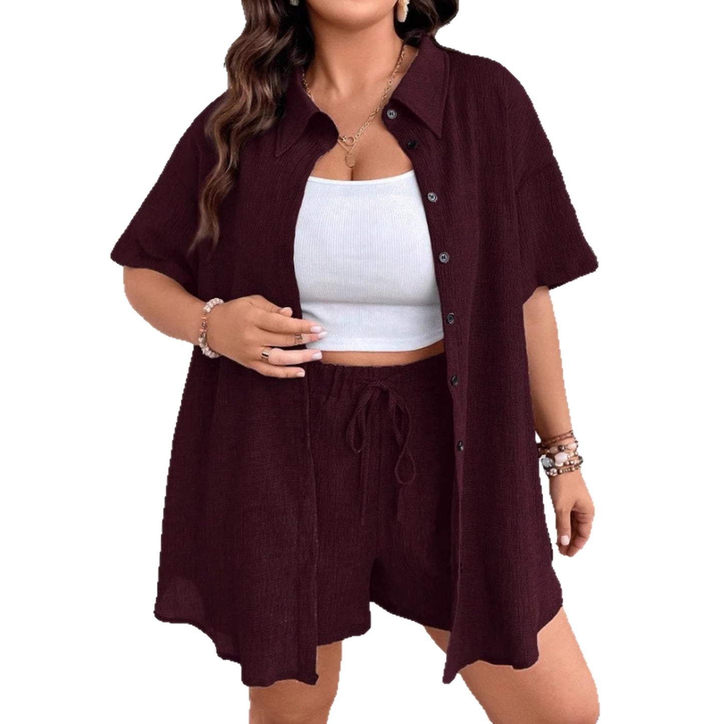 Plus Size Solid Color Vacation Button-Up Cardigan Shorts Set Plus Size Solid Color Vacation Button-Up Cardigan Shorts Set