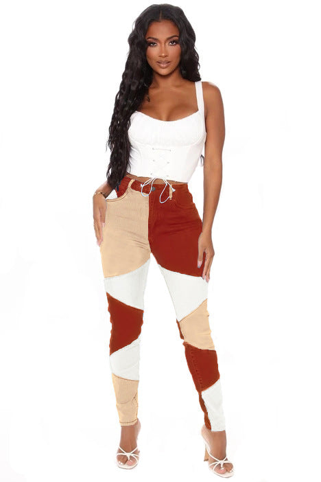 Autumn new blue and black two-color splicing trendy cotton washed denim high waisted plus size women's clothing Autumn new blue and black two-color splicing trendy cotton washed denim high waisted plus size women's clothing