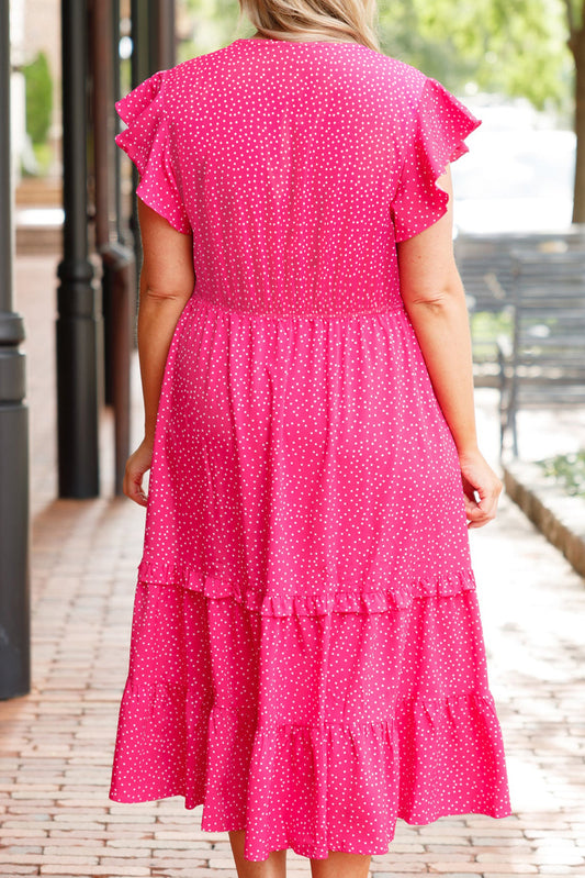 Plus Size Polka Dot Ruffled Smocked Midi Dress