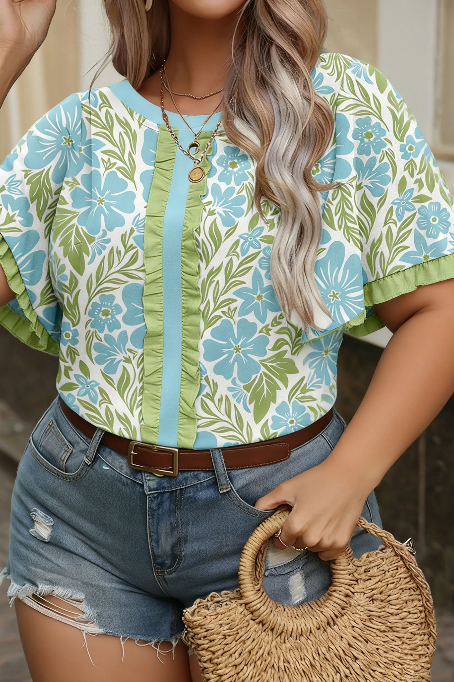 Plus Size Floral Frilled Color Block Trim Blouse - Plus Size XL-4XL - View 8 Plus Size Floral Frilled Color Block Trim Blouse - Plus Size XL-4XL - View 8