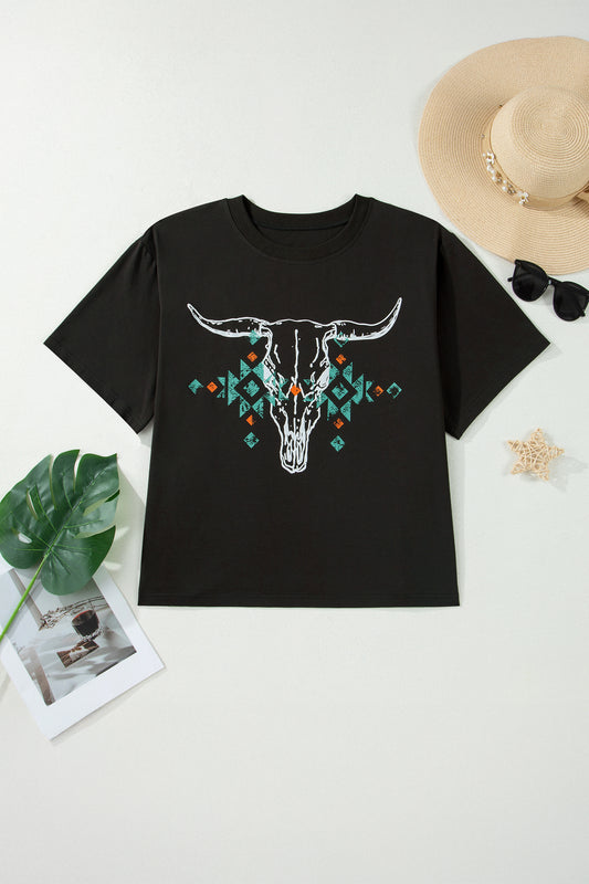 Plus Size Western Aztec Bull Skull Printed T Shirt - Plus Size XL-4XL - View 2