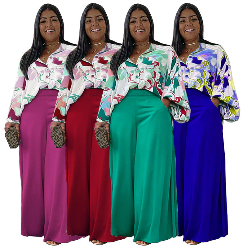 Loose large size casual printed shirt top wide leg pants - Plus Size Clothing Loose large size casual printed shirt top wide leg pants - Plus Size Clothing