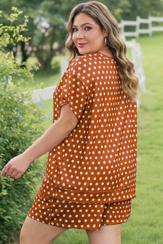 Plus Size Polka Dot Dropped Shoulder Tee Short Set - Plus Size XL-4XL - View 2