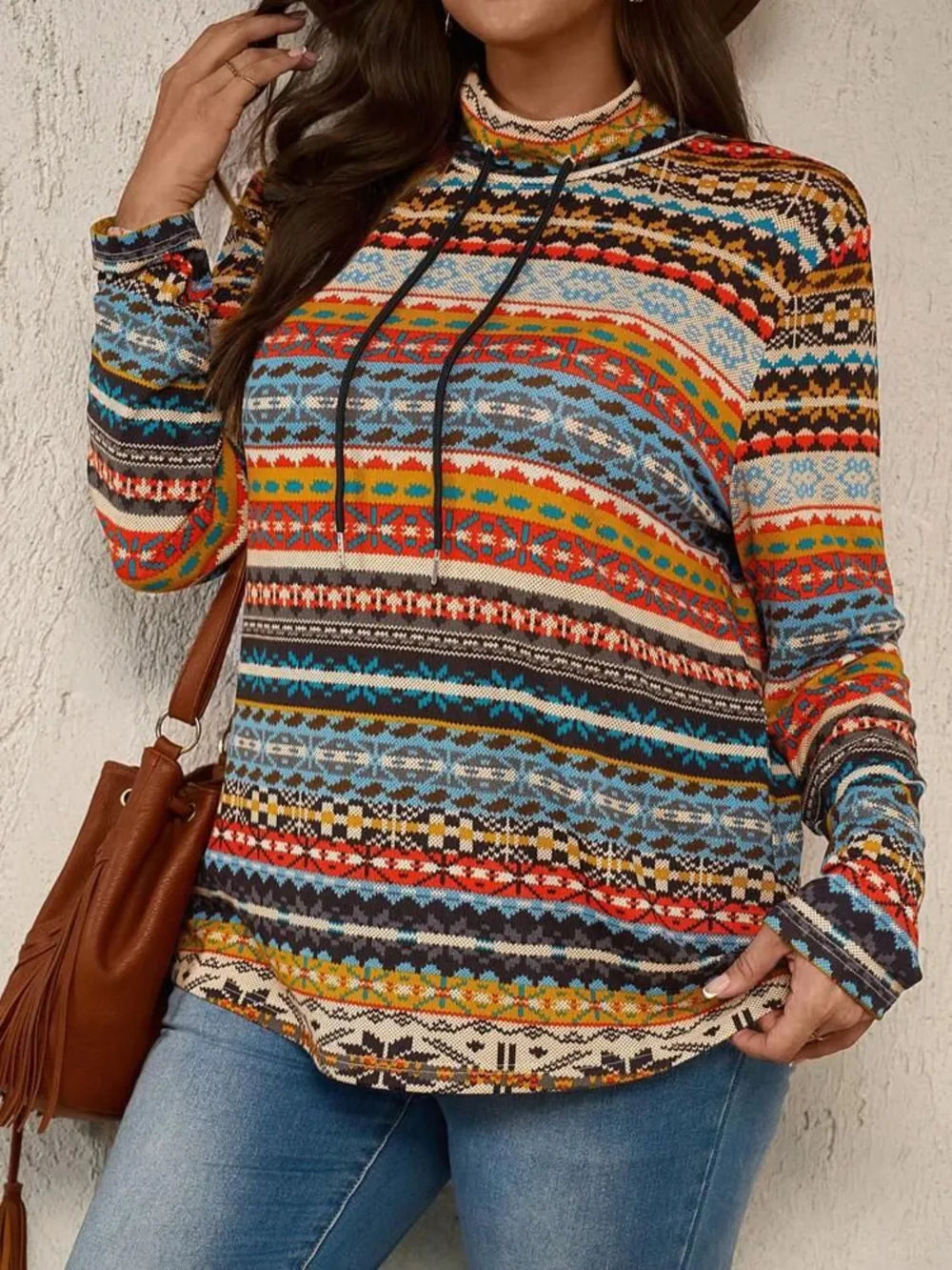 Plus Size Drawstring Printed Mock Neck Long Sleeve Top Plus Size Drawstring Printed Mock Neck Long Sleeve Top