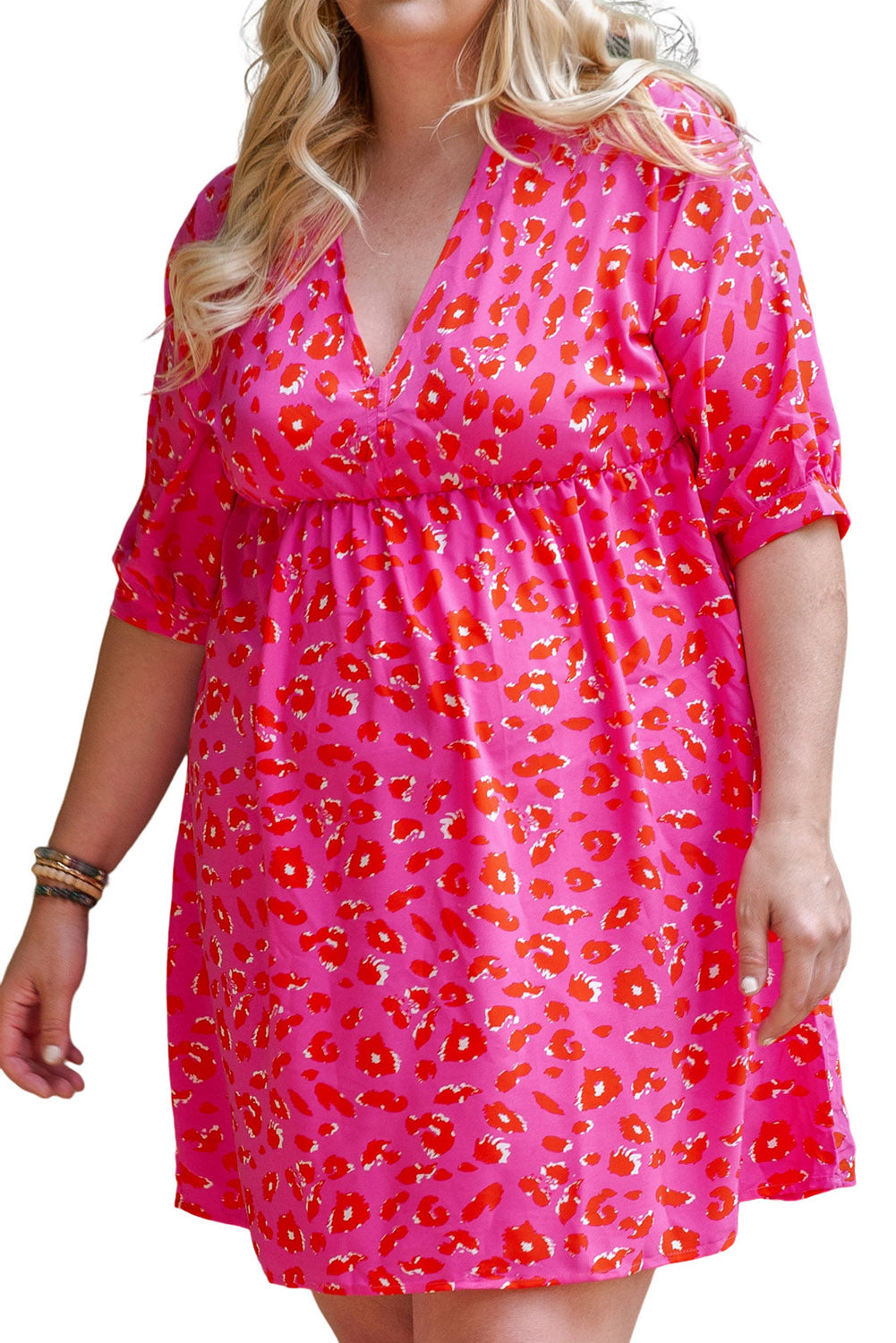 Rose Plus Size 3/4 Sleeves V Neck Leopard Dress Rose Plus Size 3/4 Sleeves V Neck Leopard Dress