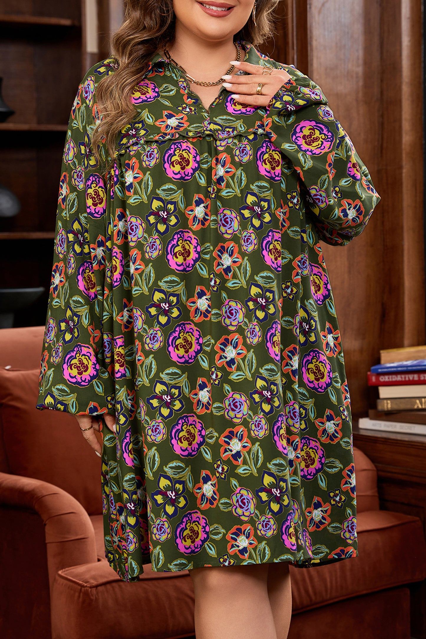 Plus Size Floral Print Collared V Neck Mini Dress Plus Size Floral Print Collared V Neck Mini Dress