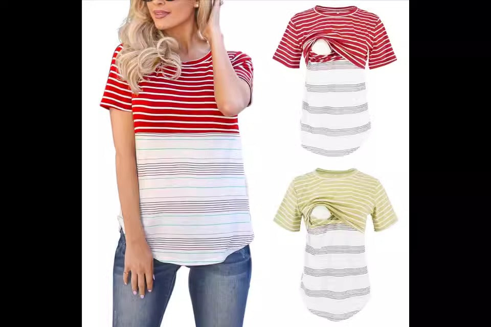 Striped patchwork T-shirt for pregnant women's cross over invisible breastfeeding underwear Striped patchwork T-shirt for pregnant women's cross over invisible breastfeeding underwear