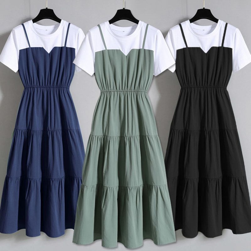 Plus Size Strap Fake Two-Piece Midi Dress Plus Size Strap Fake Two-Piece Midi Dress