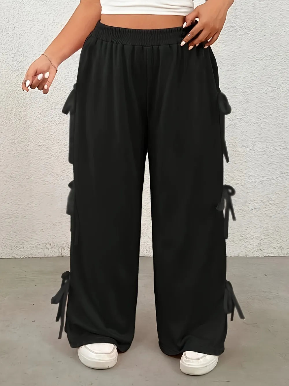Plus Size Bow Elastic Waist Wide Leg Pants Plus Size Bow Elastic Waist Wide Leg Pants