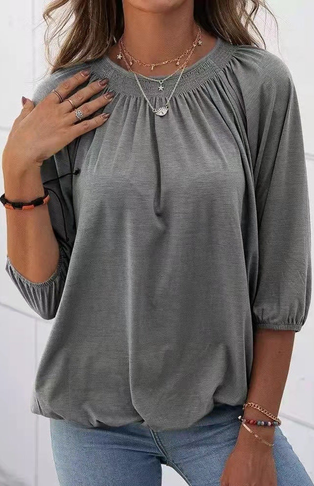 Plus Size Solid Round Neck 3/4 Sleeve Stretch T-Shirt Plus Size Solid Round Neck 3/4 Sleeve Stretch T-Shirt