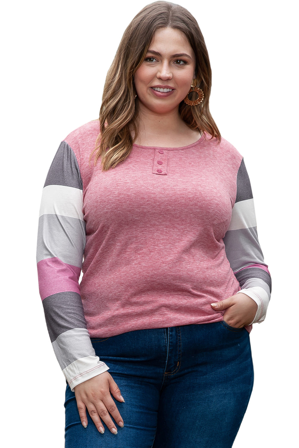 Plus Size Candy Striping Mock Henley Top Plus Size Candy Striping Mock Henley Top