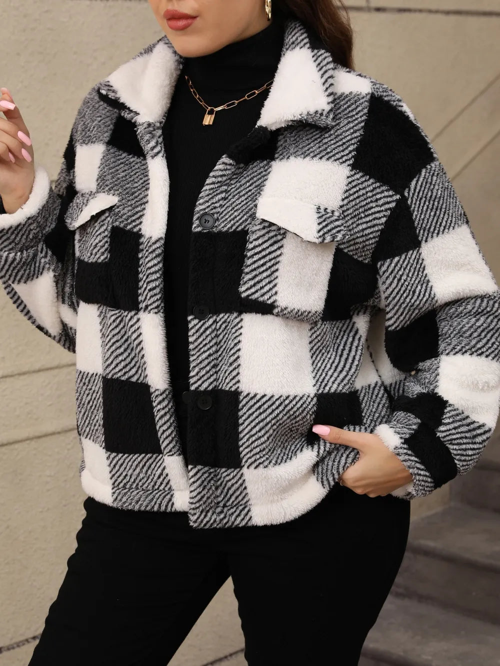 Plus Size Pocketed Plaid Collared Jacket Plus Size Pocketed Plaid Collared Jacket