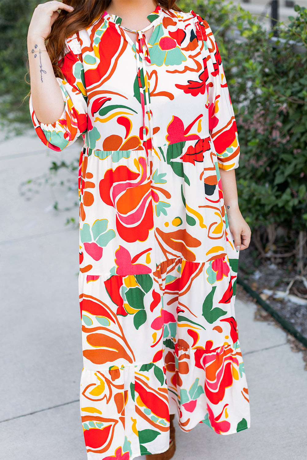Plus Size Orange Floral Print Drawstring V Neck Tiered Dress - Plus Size XL-4XL - View 8 Plus Size Orange Floral Print Drawstring V Neck Tiered Dress - Plus Size XL-4XL - View 8