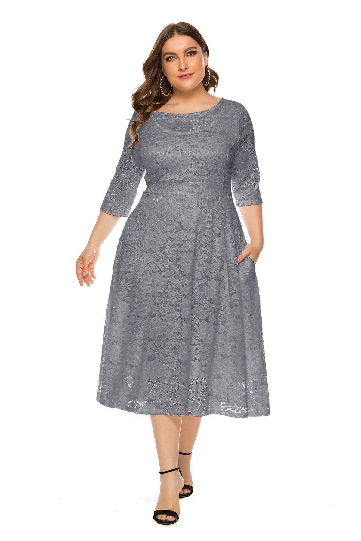 Plus Size Evening Dress Midi Cutout Lace Pocket Dress Plus Size Evening Dress Midi Cutout Lace Pocket Dress