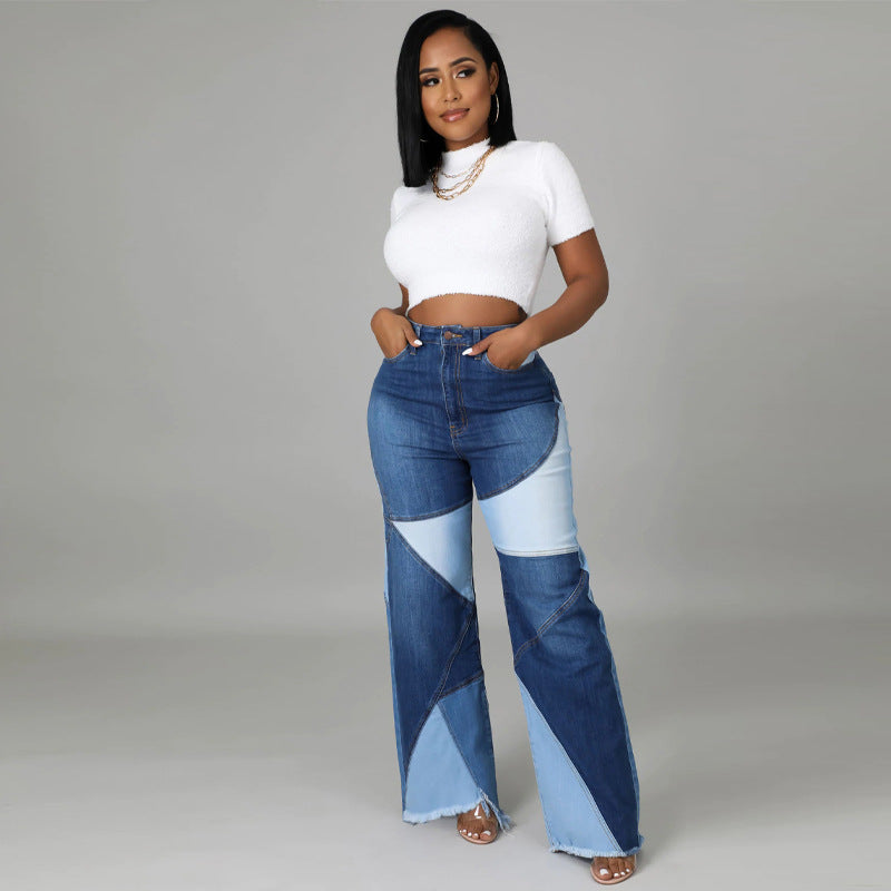 Autumn new European and American stretch plus size women's wide leg pants two tone jeans Autumn new European and American stretch plus size women's wide leg pants two tone jeans