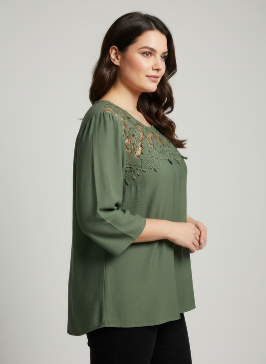 Plus Size Lace Yoke Knit Top - Plus Size XL-4XL - View 2