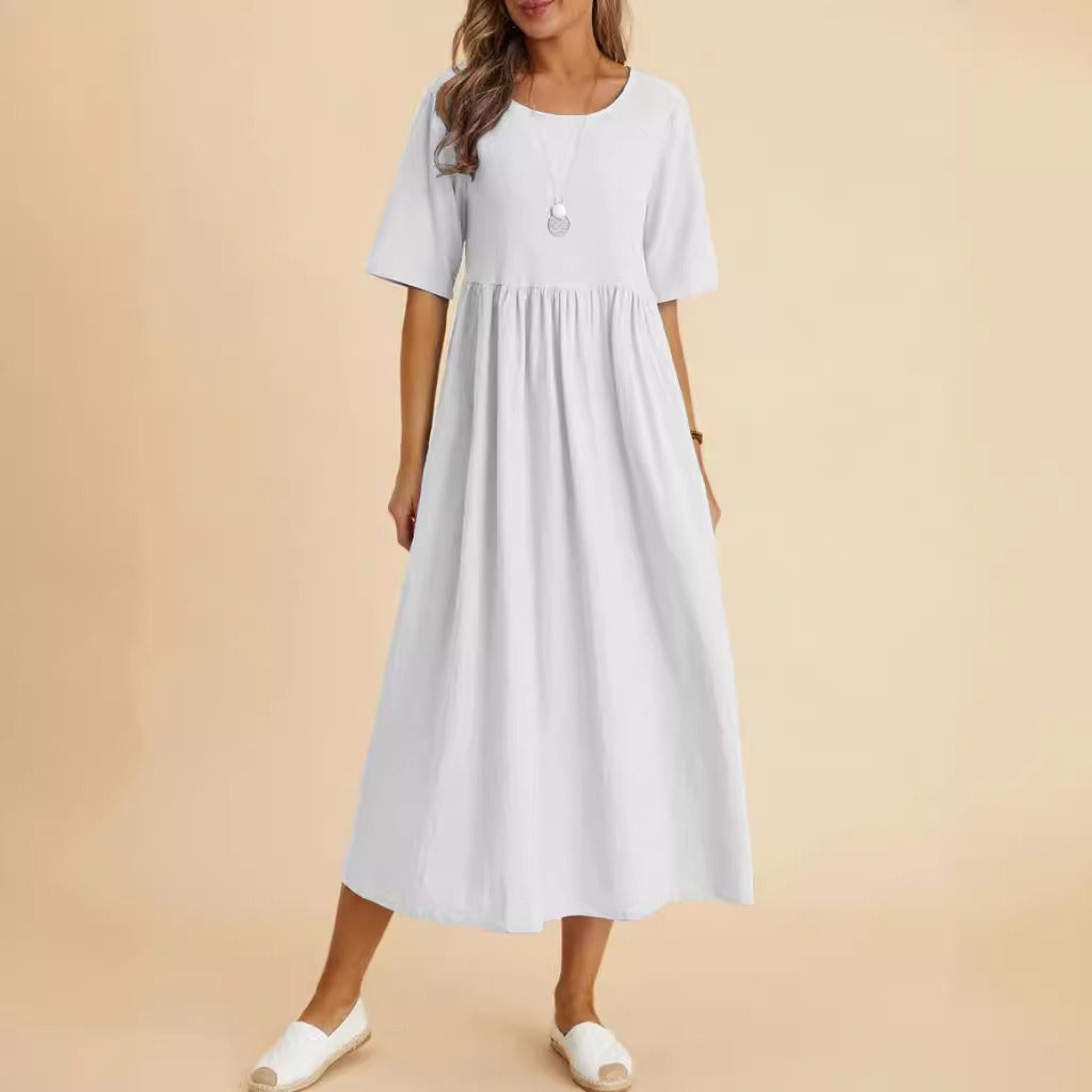 Plus Size Cotton Linen Round Neck Midi Dress Plus Size Cotton Linen Round Neck Midi Dress