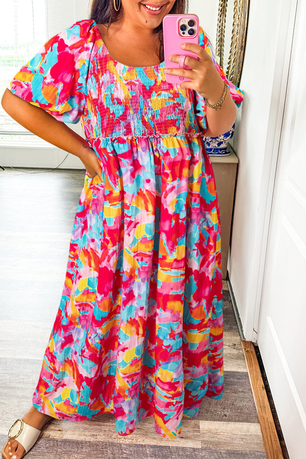 Plus Size Rose Abstract Puff Sleeve Square Neck Dress Plus Size Rose Abstract Puff Sleeve Square Neck Dress
