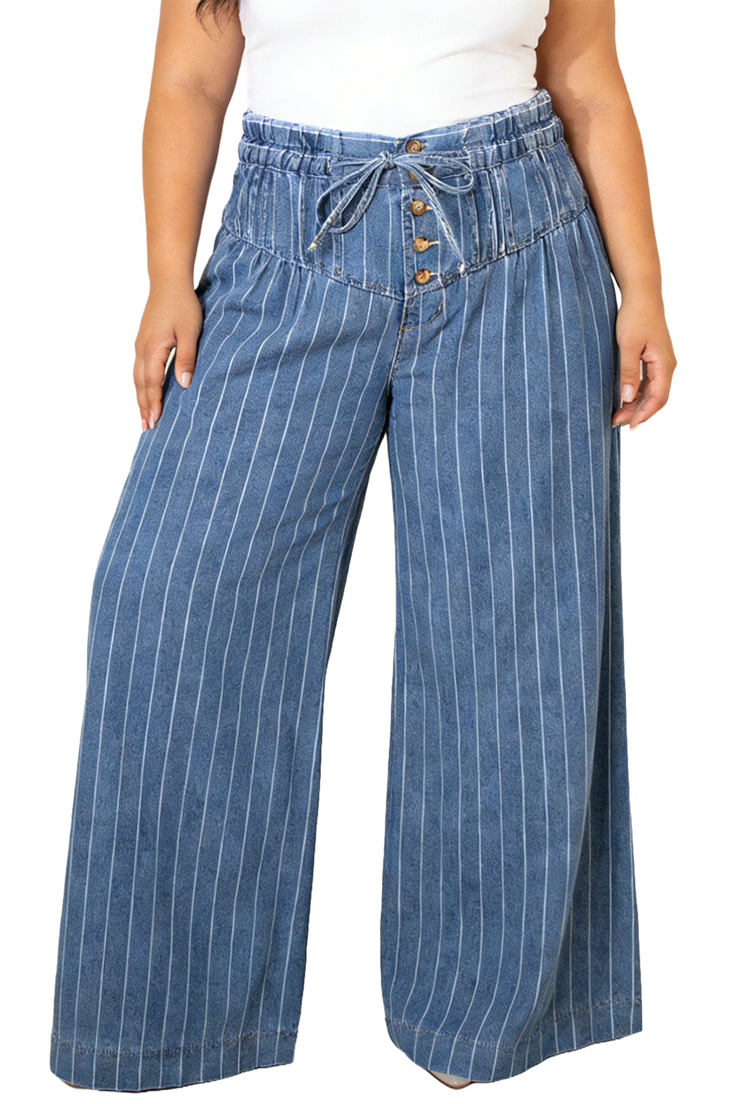 Sky Blue Stripe Plus Size Buttoned Loose Wide Leg Denim Pants Sky Blue Stripe Plus Size Buttoned Loose Wide Leg Denim Pants