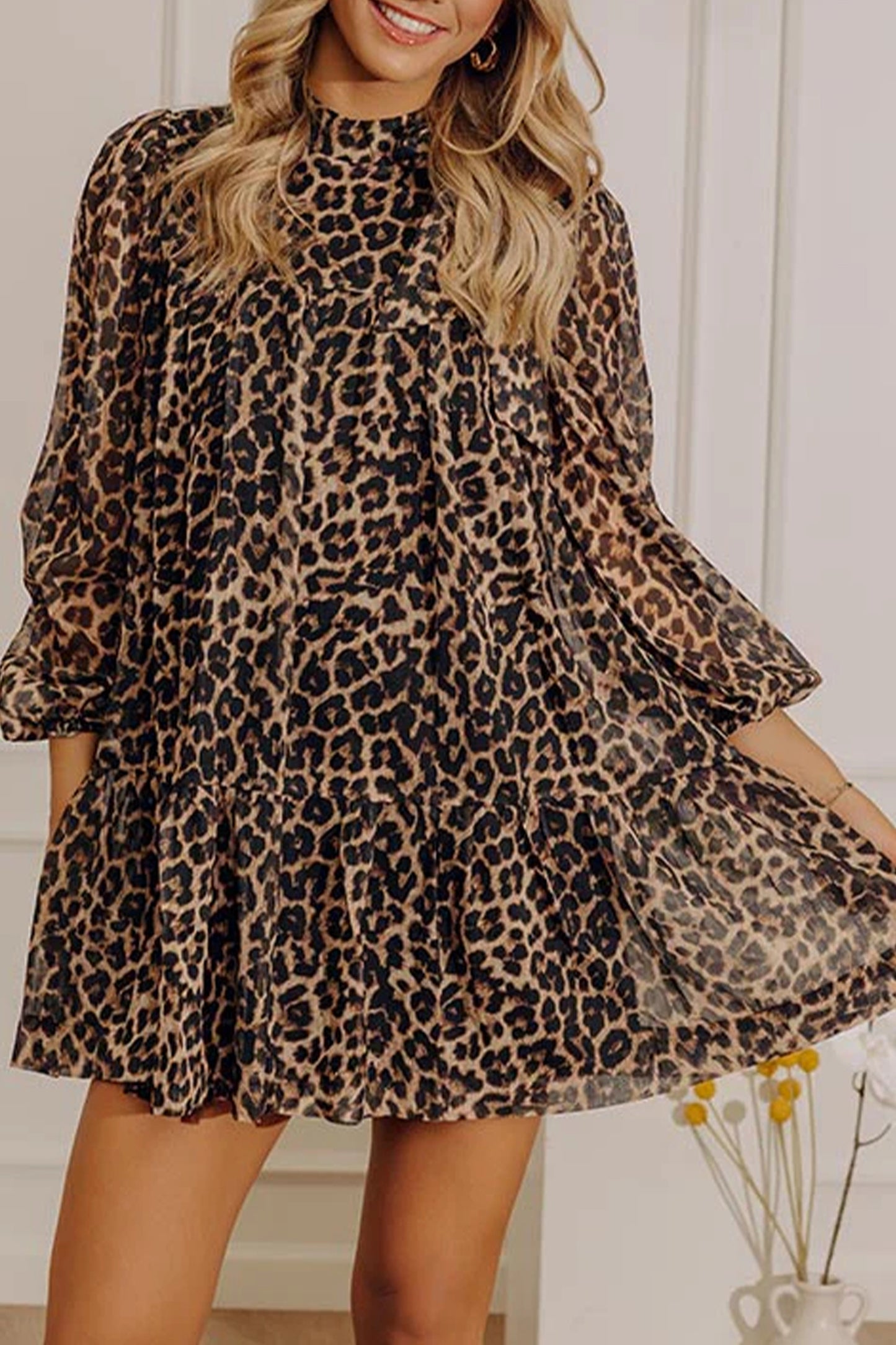 Brown Leopard Print Long Sleeve Short Shift Dress Brown Leopard Print Long Sleeve Short Shift Dress