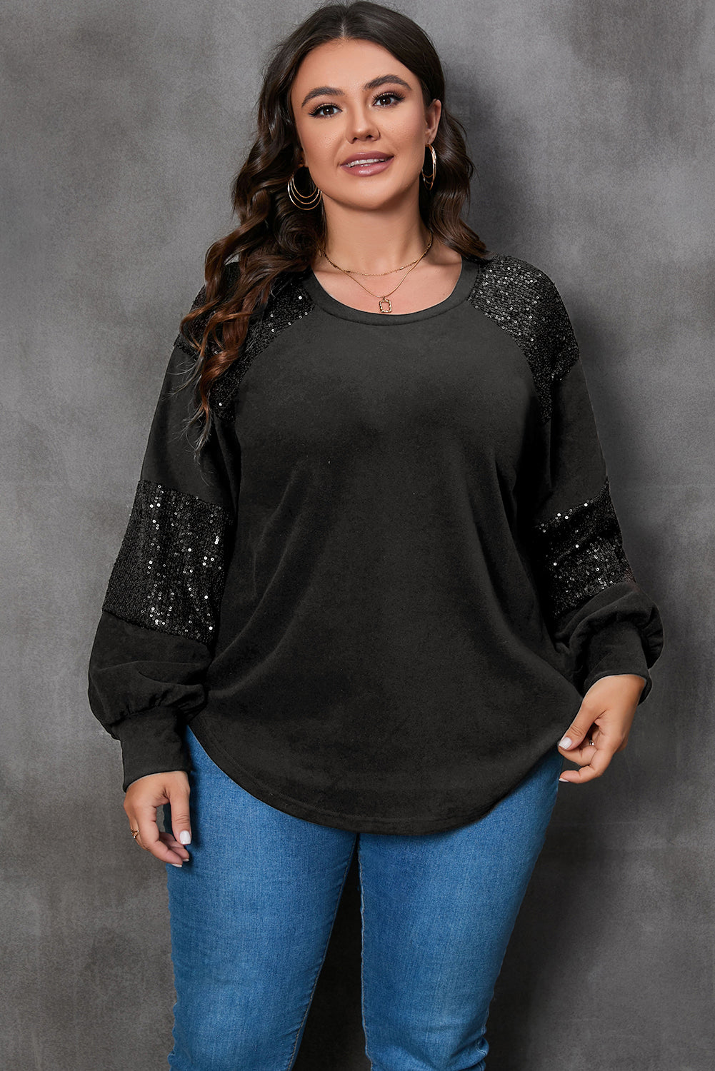 Plus Size Sequin Patchwork Crew Neck Long Sleeve Top Plus Size Sequin Patchwork Crew Neck Long Sleeve Top
