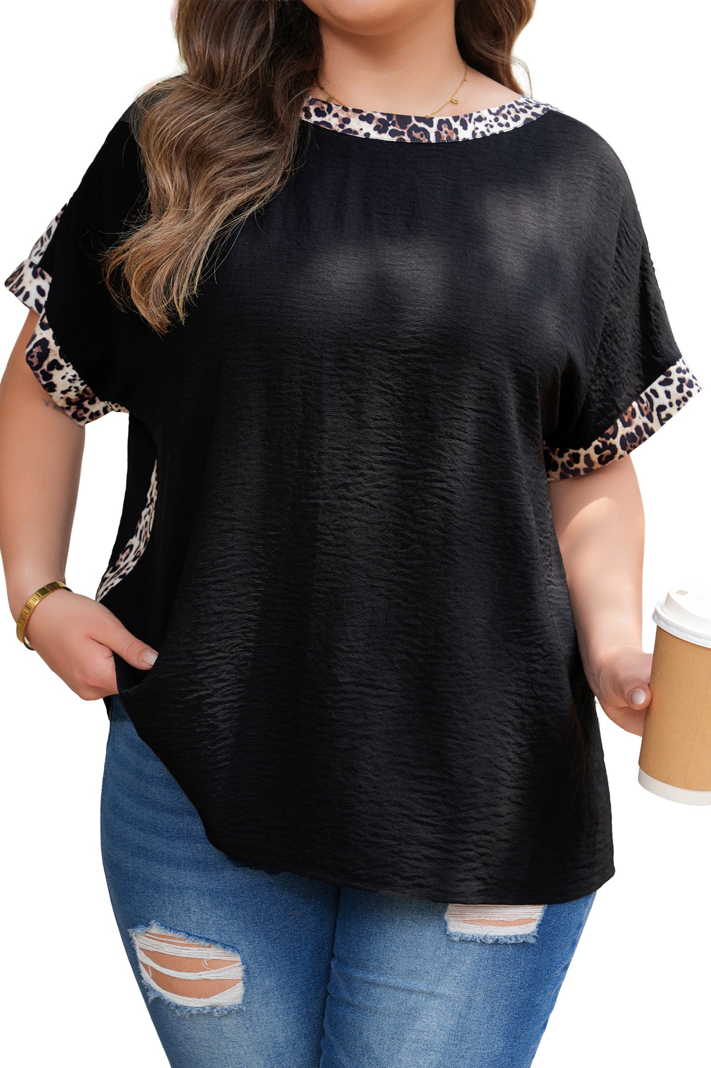 Plus Size Leopard Patchwork Round Neck Loose Tee - Plus Size XL-4XL - View 8 Plus Size Leopard Patchwork Round Neck Loose Tee - Plus Size XL-4XL - View 8