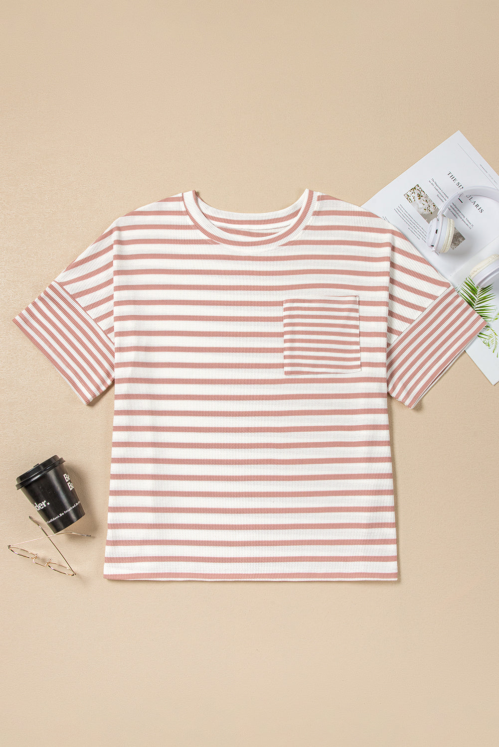 Plus Size Striped Waffle Knit Pocketed T Shirt Plus Size Striped Waffle Knit Pocketed T Shirt