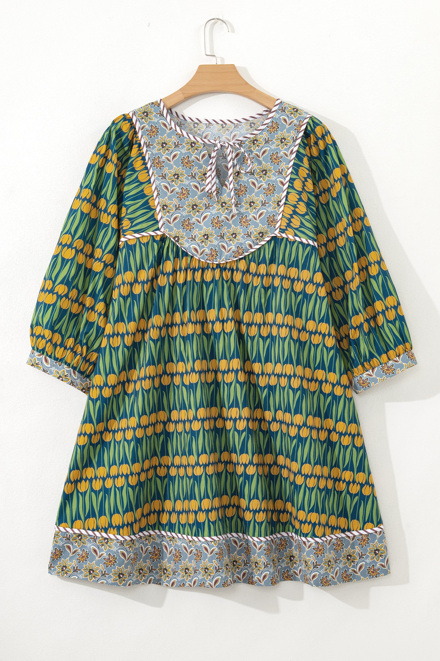 Plus Size Mixed Floral Print Striped Trim Mini Dress - Plus Size XL-4XL - View 8 Plus Size Mixed Floral Print Striped Trim Mini Dress - Plus Size XL-4XL - View 8