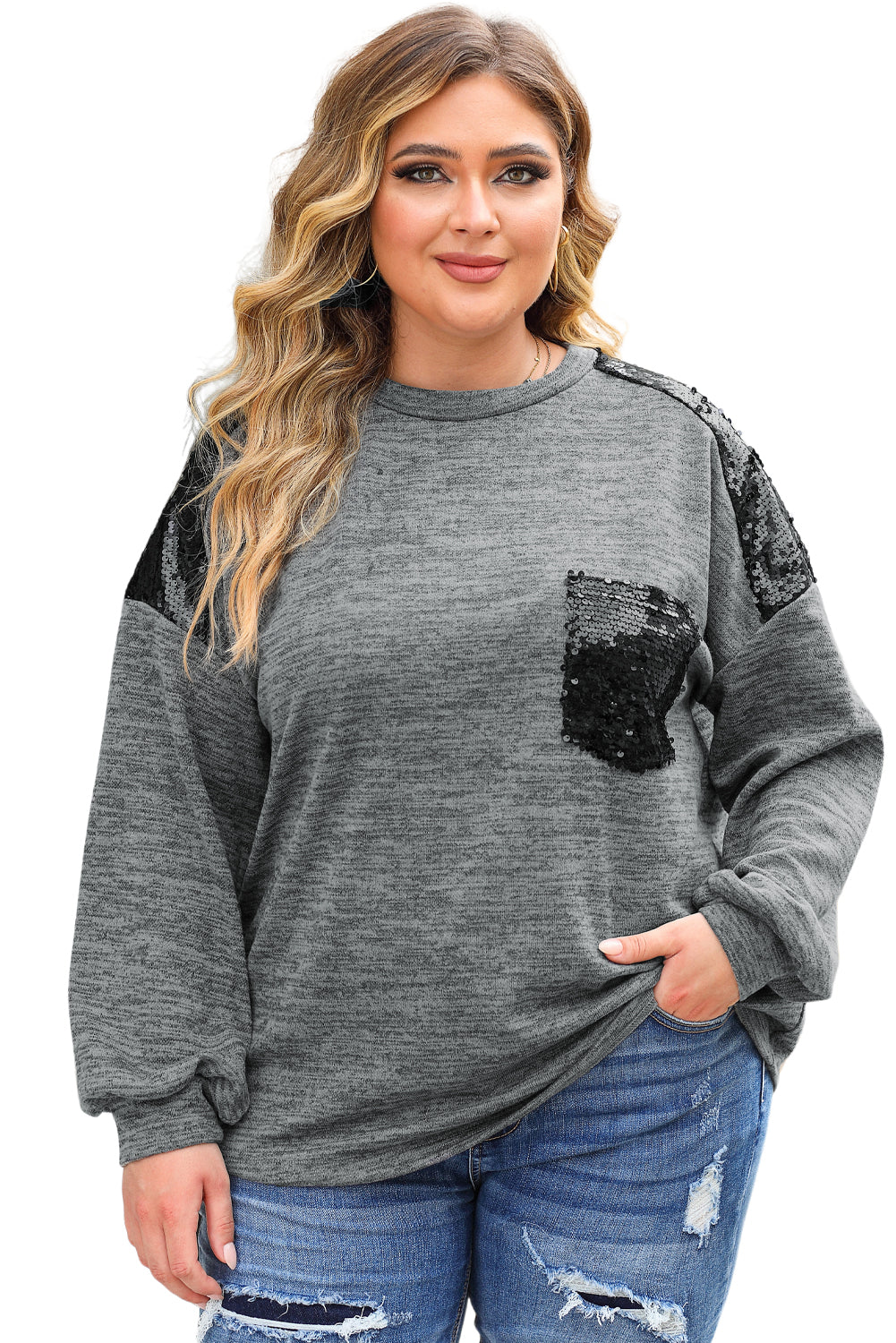 Plus Size Gray Sequin Patchwork Long Sleeve Top Plus Size Gray Sequin Patchwork Long Sleeve Top