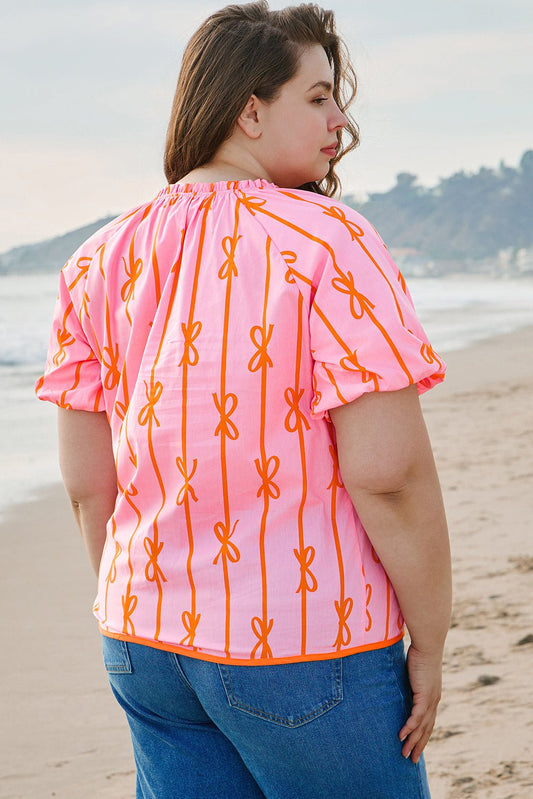 Plus Size Bowknot Print Shirred V Neck Puff Sleeve Blouse - Plus Size XL-4XL - View 2