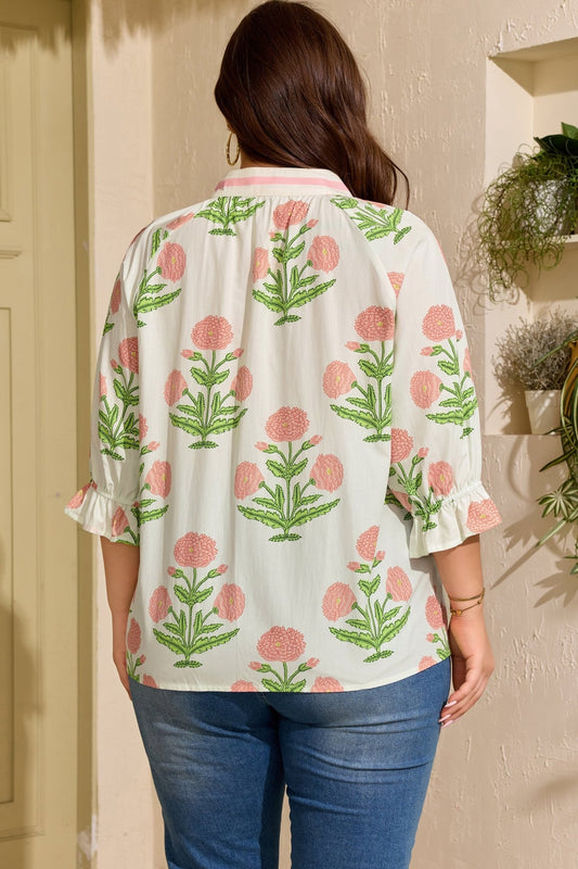 Plus Size Floral Striped Trim V Neck Blouse - Plus Size XL-4XL - View 2