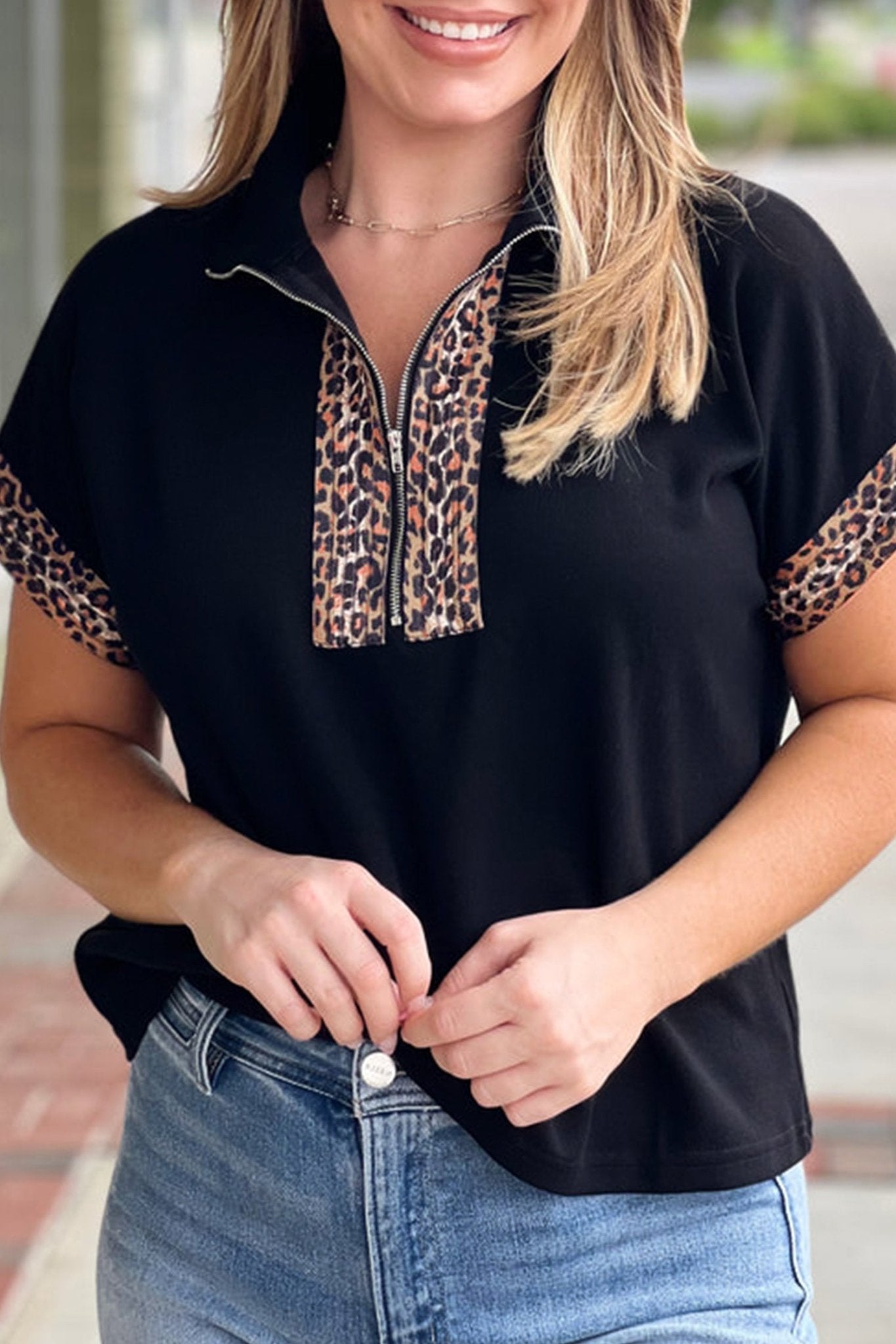 Plus Size Leopard Patchwork Half Zip Top - Plus Size Clothing