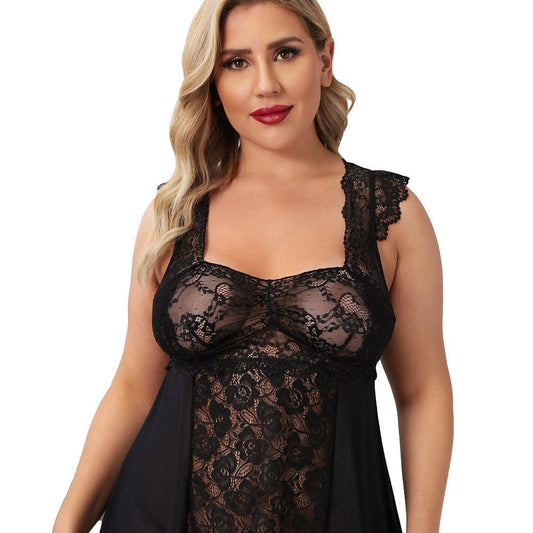 Plus Size Sexy Lace Sheer Pajama Set Babydoll - Plus Size XL-4XL - View 2