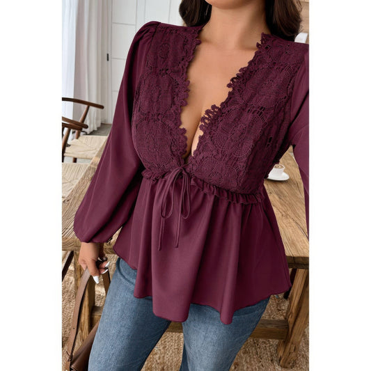 Plus Size Solid V Neck Lace Patchwork Shirt - Plus Size XL-4XL - View 2