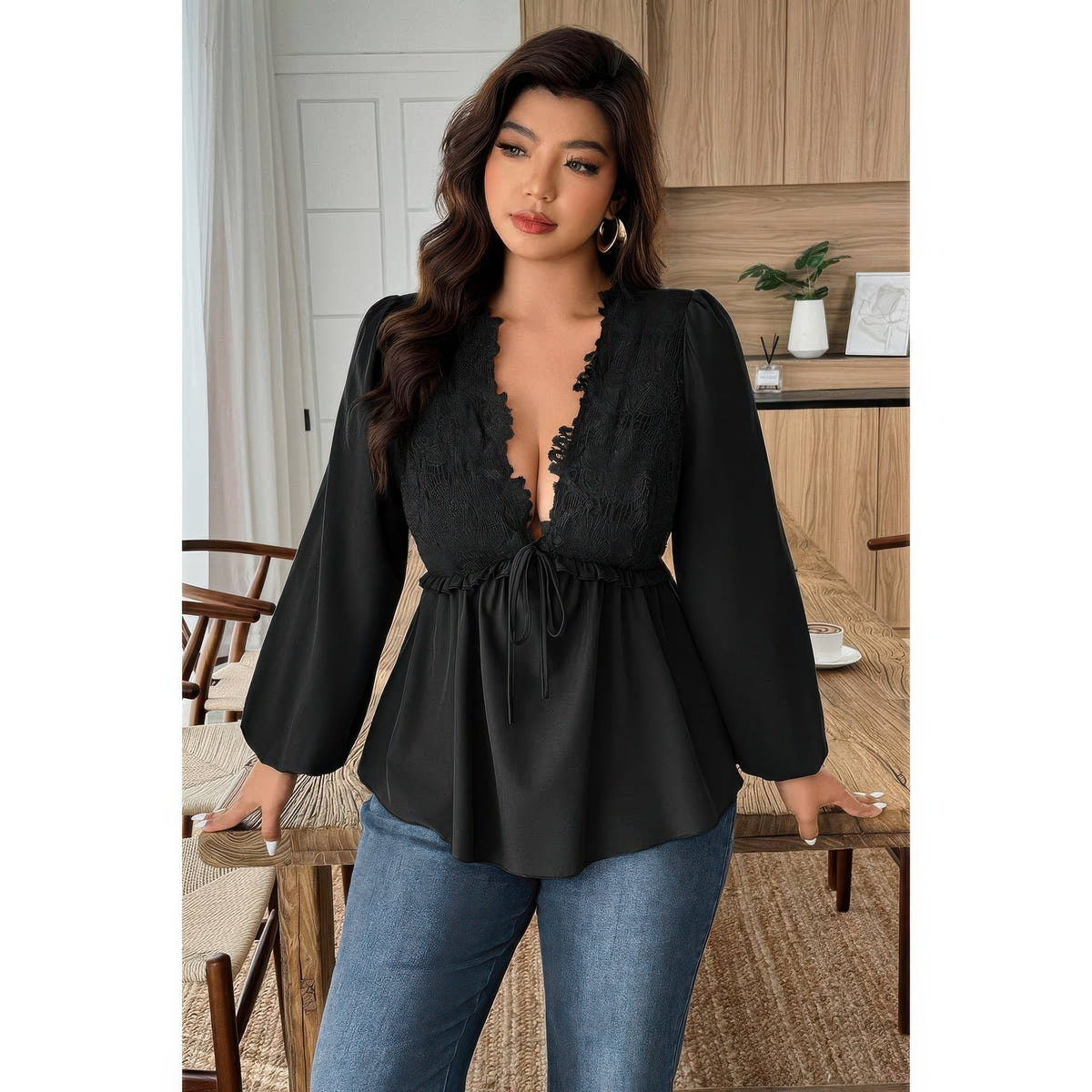 Plus Size Solid V Neck Lace Patchwork Shirt - Plus Size XL-4XL - View 10