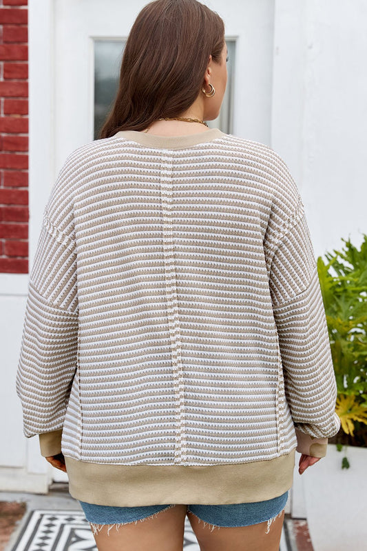 Plus Size Striped Breathable Knit Ribbed Trim Top - Plus Size Clothing