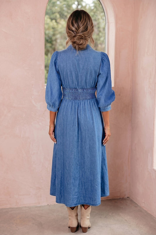 Plus Size V Neck Shirred Waist Denim Midi Dress — back view