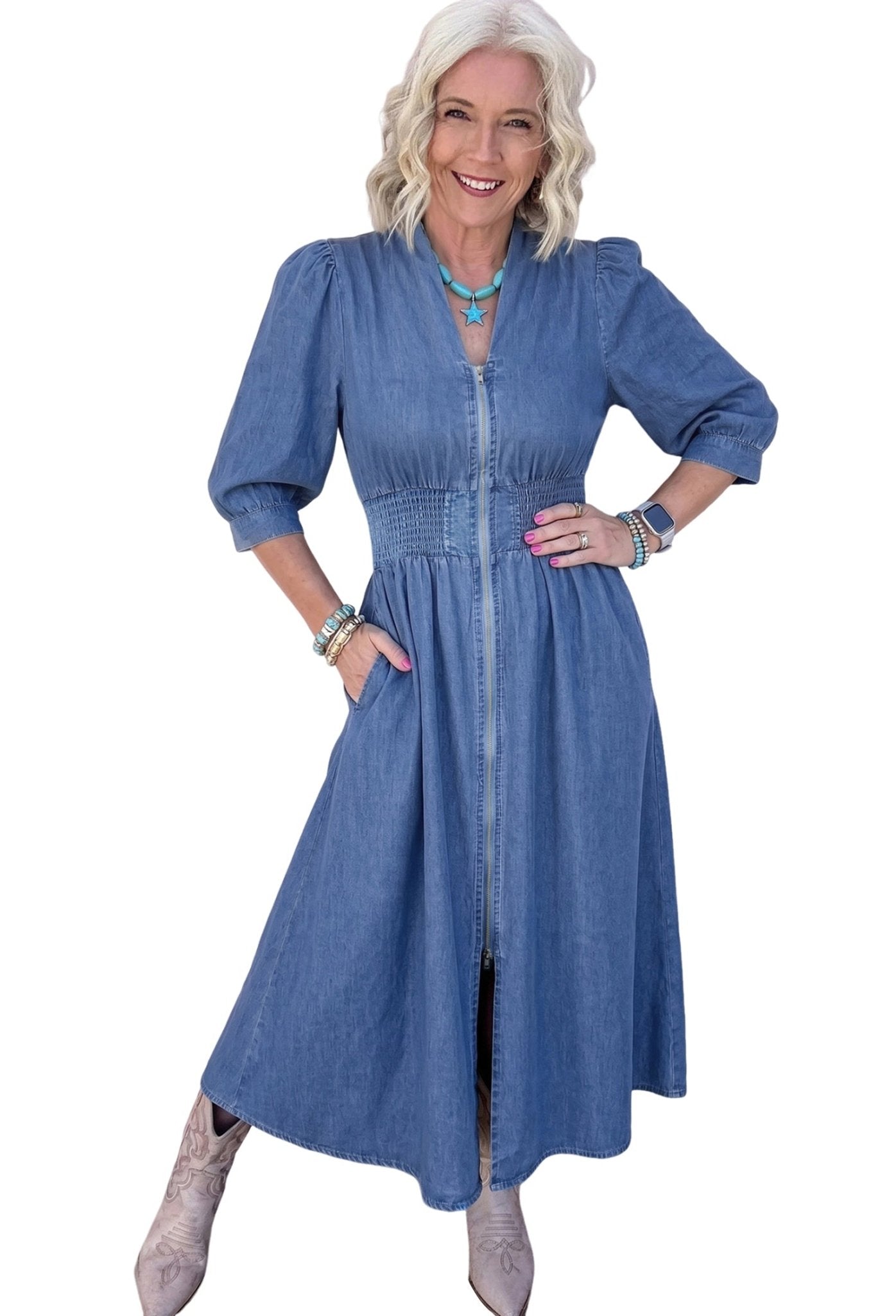 Plus Size V Neck Shirred Waist Denim Midi Dress - Plus Size Clothing