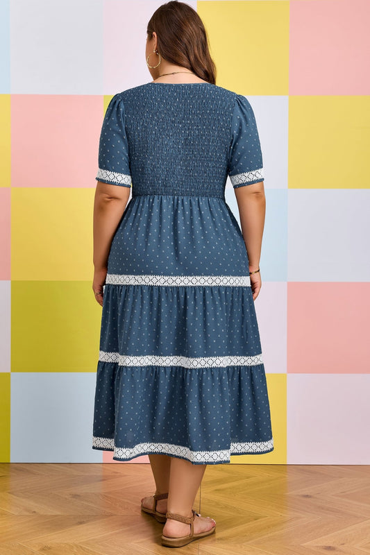 Plus Size V Neck Swiss Dot Lace Midi Dress - Plus Size XL-4XL - View 2