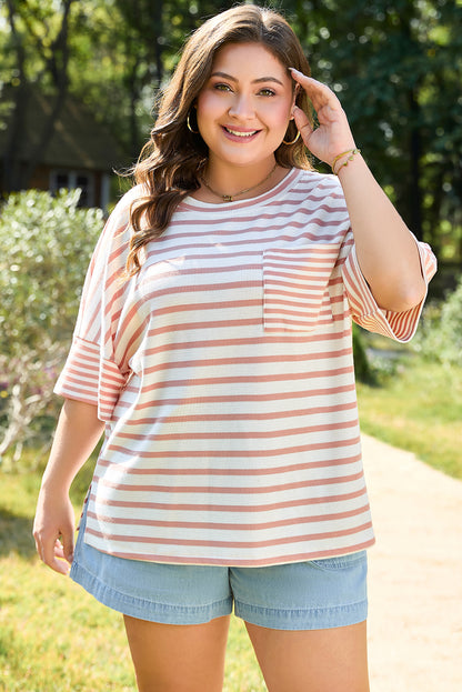 Plus Size Striped Waffle Knit Pocketed T Shirt - Plus Size Clothing