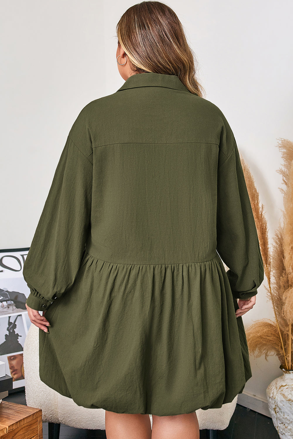 Plus Size Collar Half Button Long Sleeve Mini Dress - Plus Size XL-4XL - View 2