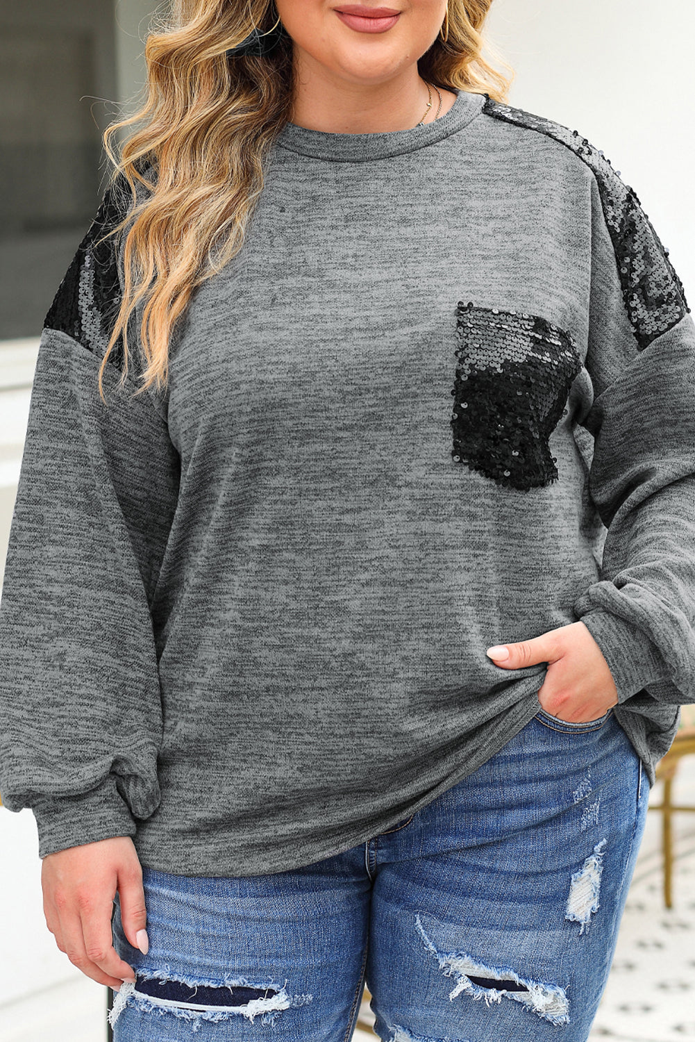 Plus Size Gray Sequin Patchwork Long Sleeve Top