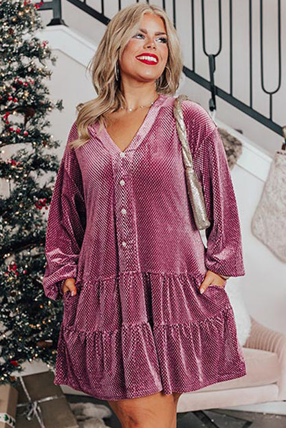 Plus Size Textured Velvet Tiered Button Dress - Plus Size XL-4XL - View 5