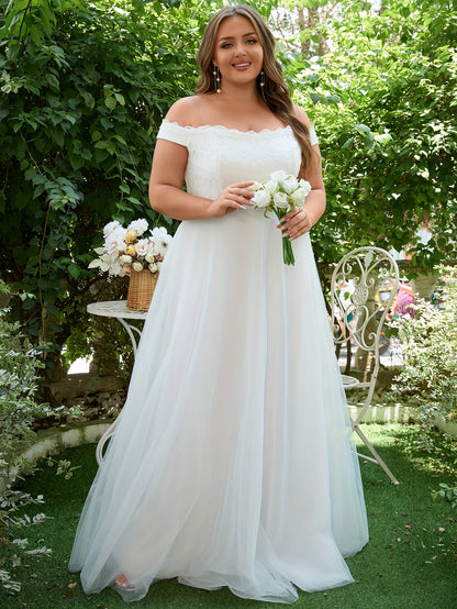 Plus Size Off-the-Shoulder Lace Bridal Gown - Plus Size Clothing